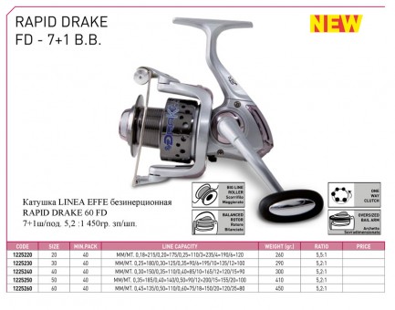 Безынерционные катушки 5000 Linea Effe Rapid Drake FD 50 5.2:1 - ш/под. 7+1 - вес-410гр. зп/шп. Безынерционные катушки 5000 Linea Effe Rapid Drake FD 50 5.2:1 - ш/под. 7+1 - вес-410гр. зп/шп.