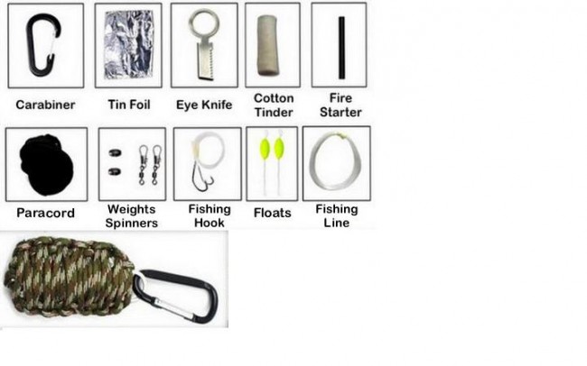 Набор для выживания - карабин, фольга, нож, огниво, рыб. крючки, поплавки, леска, трут, вертлюги(YD-5)