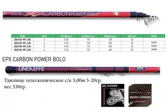Удилище Linea Effe Epx-Carbon Power Bolo с/к 4,00м - тест 5-20 грамм. вес 230 грамм Удилище Linea Effe Epx-Carbon Power Bolo с/к 4,00м - тест 5-20 грамм. вес 230 грамм