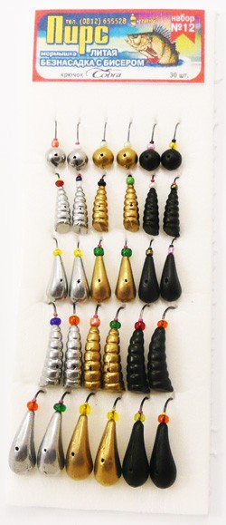 Мормышка Пирс литая безнасадка с бисером Набор N12, крючок Cobra (30 шт./уп.)