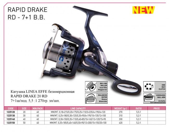 Катушка безынерционная Linea Effe Rapid Drake RD 20 5.5:1 - 7+1 подш. - вес-270гр. зп/шп.