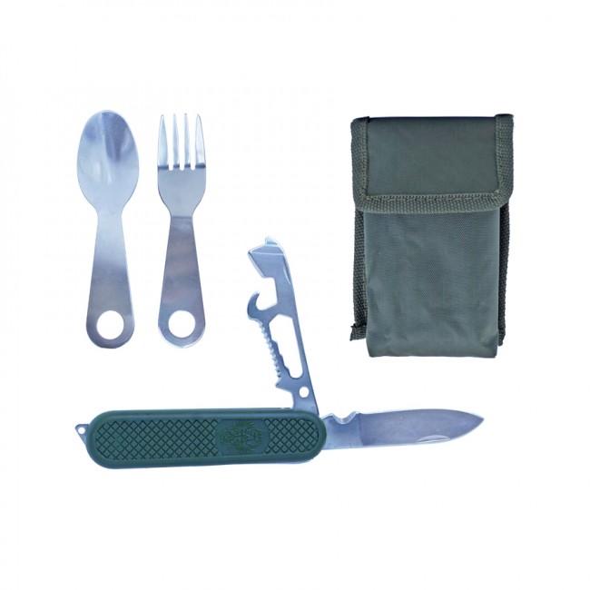 Набор туриста (вилка, ложка, нож, открывалка) Зелёный В Чехле