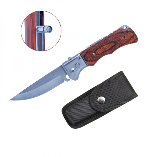 Нож Stainless раскладной, c фонариком, длина-20 см, ручка под дерево-10 см, с фиксат, в чехле  (650АВ) Нож Stainless раскладной, c фонариком, длина-20 см, ручка под дерево-10 см, с фиксат, в чехле  (650АВ)