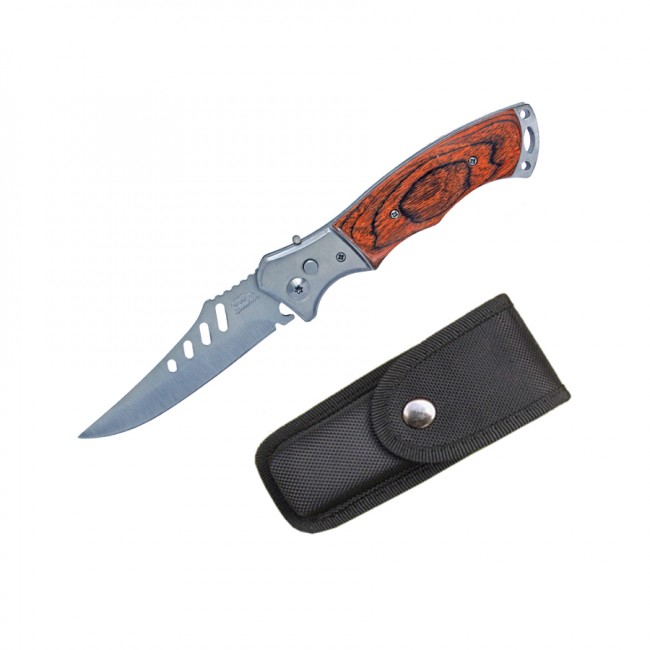 Нож Stainless складной с фиксатором ручки, вырез на лезвии, рукоять под дерево-14 см, длина-24см  (А401)