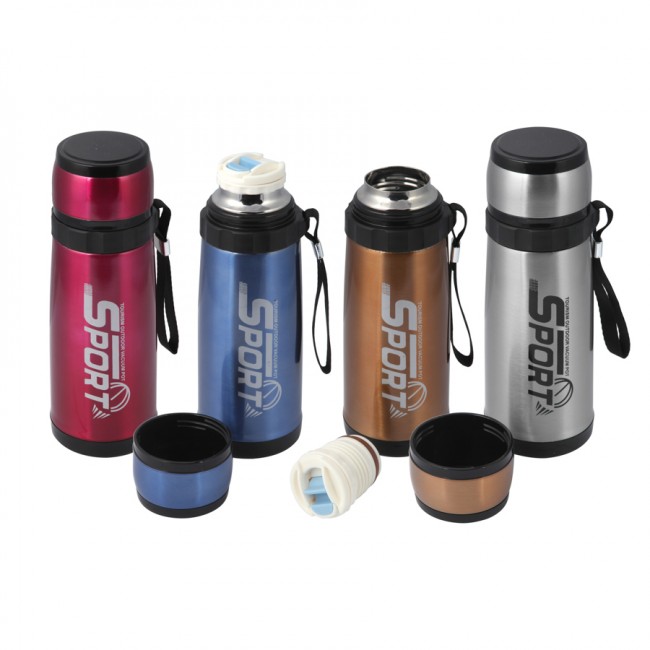 Термос Shuizhimi 0,6 л., узкое горло, кнопка - дозатор, чашка, цв. сиренев.