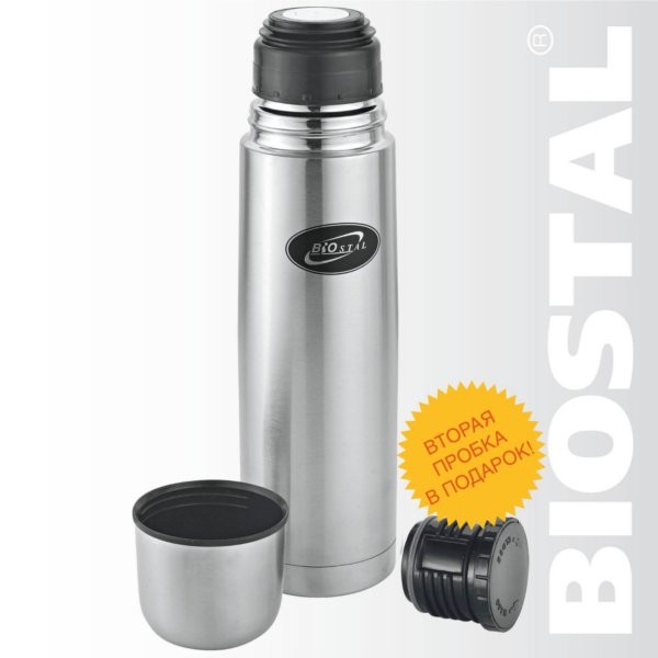 Термос Биосталь классика, с узкой горловиной, 2 пробки 0.75 л. (NB-750)
