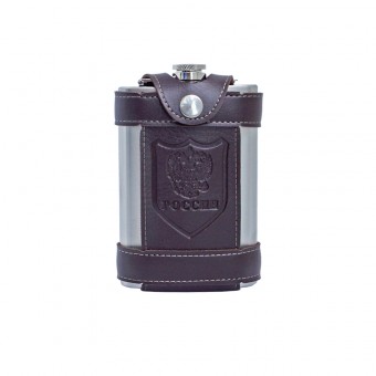 Фляжка "Россия" 9 oz   (270г)   нерж. сталь, в кожаном чехле, цвет корич. ( XPT-9)