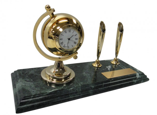 Настольный набор: 2 ручки, часы, 9х23х1,8 см, мрамор
