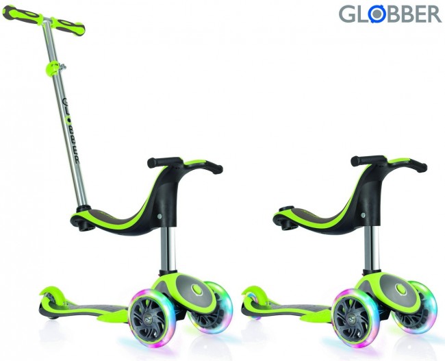 454-136 Самокат Globber EVO 4 in 1 Plus c подножками, с 3 светящимися колесами Green