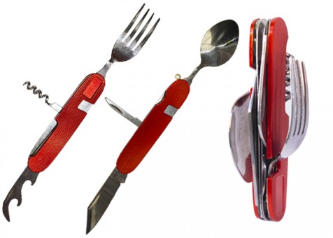 Набор походный раскл. (6 предм) вилка, нож, ложка, шило, открывалка, штопор, нерж сталь, цв. красный