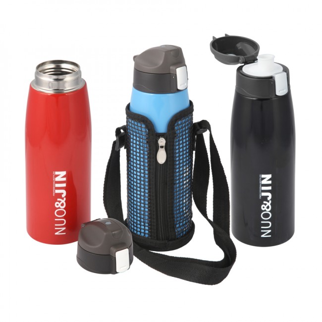 Термос-бутылка NUO & JIN 750мл., в чехле, с поильником, с замком, цв. голуб.